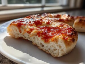 Close-up of a baked pizza bagel slice showing the fluffy interior and melted tomato sauce and cheese topping.