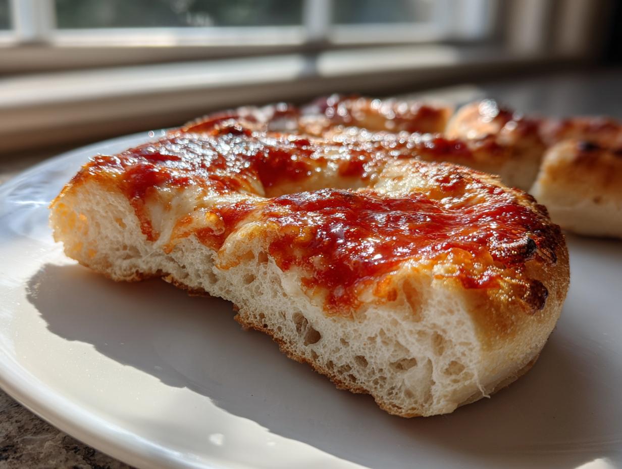 Close-up of a baked pizza bagel slice showing the fluffy interior and melted tomato sauce and cheese topping.