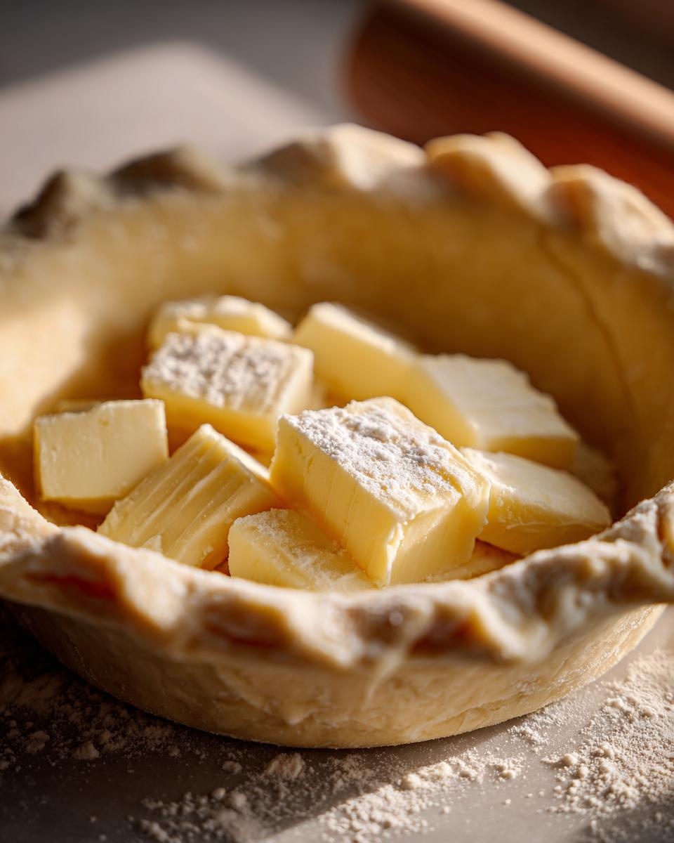 Close-up of cubed, cold butter pieces inside an unbaked butter pie crust shell, ready for mixing.
