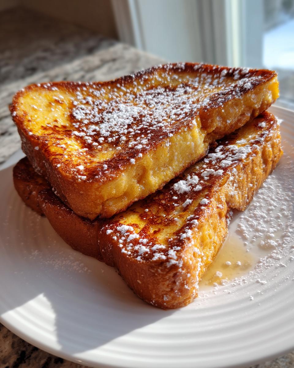 A stack of three thick slices of golden brown french toast dusted with powdered sugar on a white plate.