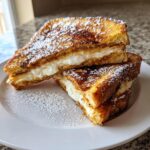 Two halves of golden brown cream cheese stuffed french toast stacked on a white plate and dusted with powdered sugar.