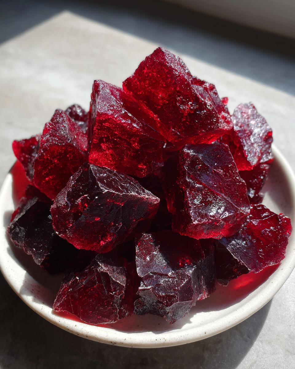 A small white bowl filled with jagged, deep red chunks of homemade cinnamon rock candy.