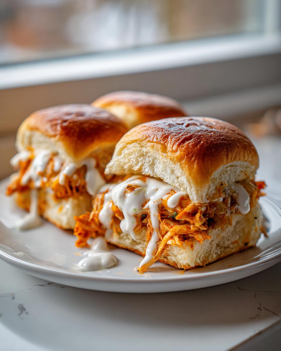 Three delicious buffalo chicken sliders piled high with shredded chicken and drizzled with white ranch sauce on a white plate.