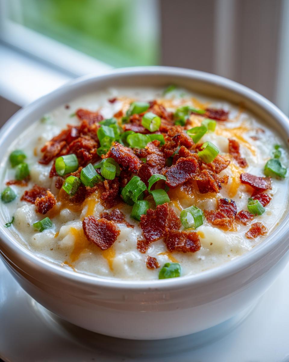 A close-up of a bowl of creamy easy crockpot potato soup topped generously with crumbled bacon and chopped green onions.