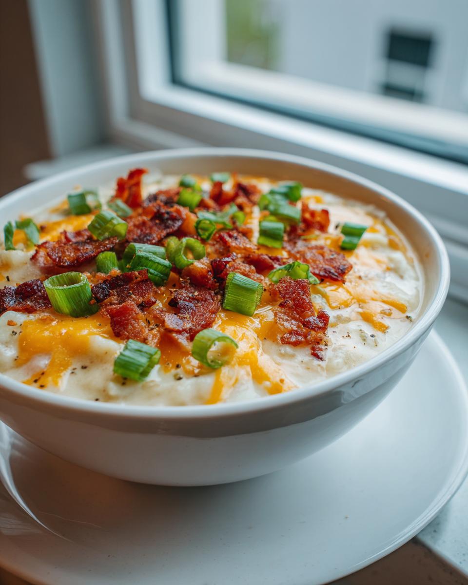 A close-up of creamy easy crockpot potato soup topped with melted cheddar, bacon bits, and fresh green onions.