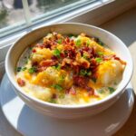 A hearty bowl of easy crockpot potato soup topped with shredded cheese, bacon bits, and green onions.