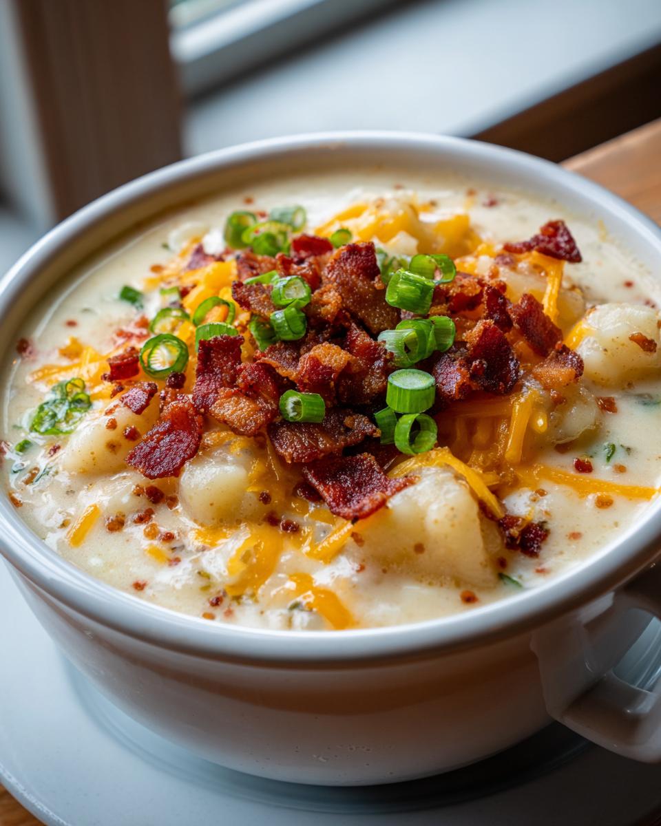 A close-up of a hearty bowl of easy crockpot potato soup topped with bacon, cheddar cheese, and green onions.