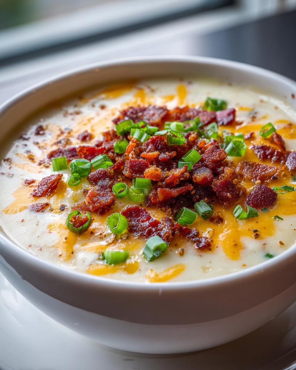A close-up of a creamy bowl of easy crockpot potato soup topped generously with bacon bits and chopped green onions.