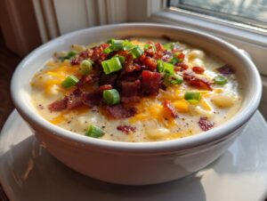 A bowl of creamy easy crockpot potato soup topped generously with shredded cheddar cheese, bacon bits, and green onions.
