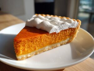 A close-up slice of easy pumpkin pie with a bright orange filling and fluffy white meringue topping on a white plate.