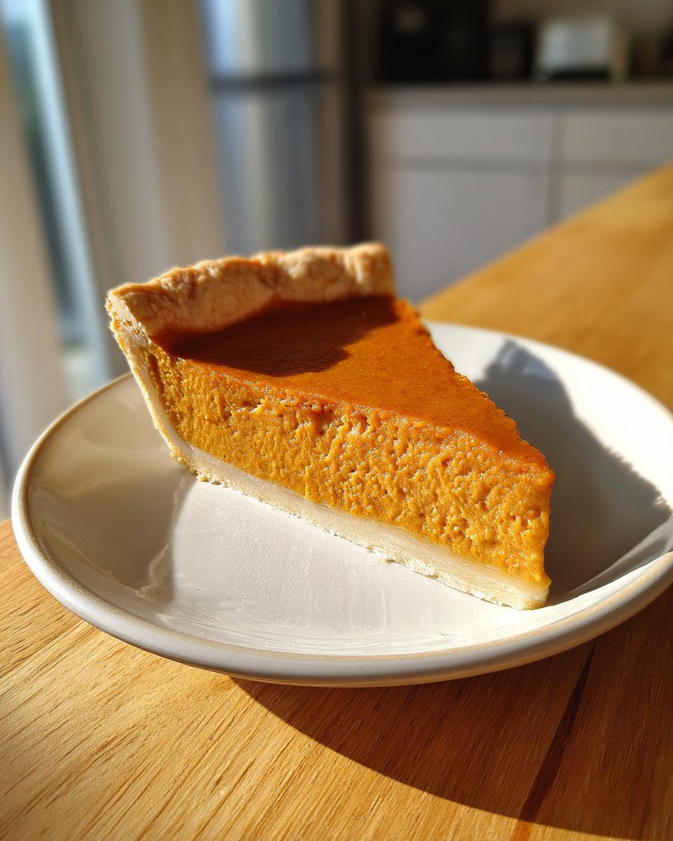 A perfect slice of easy pumpkin pie with a rich orange filling and flaky crust, sitting on a white plate.