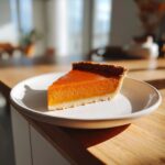 A perfect slice of easy pumpkin pie with a golden crust resting on a white plate.