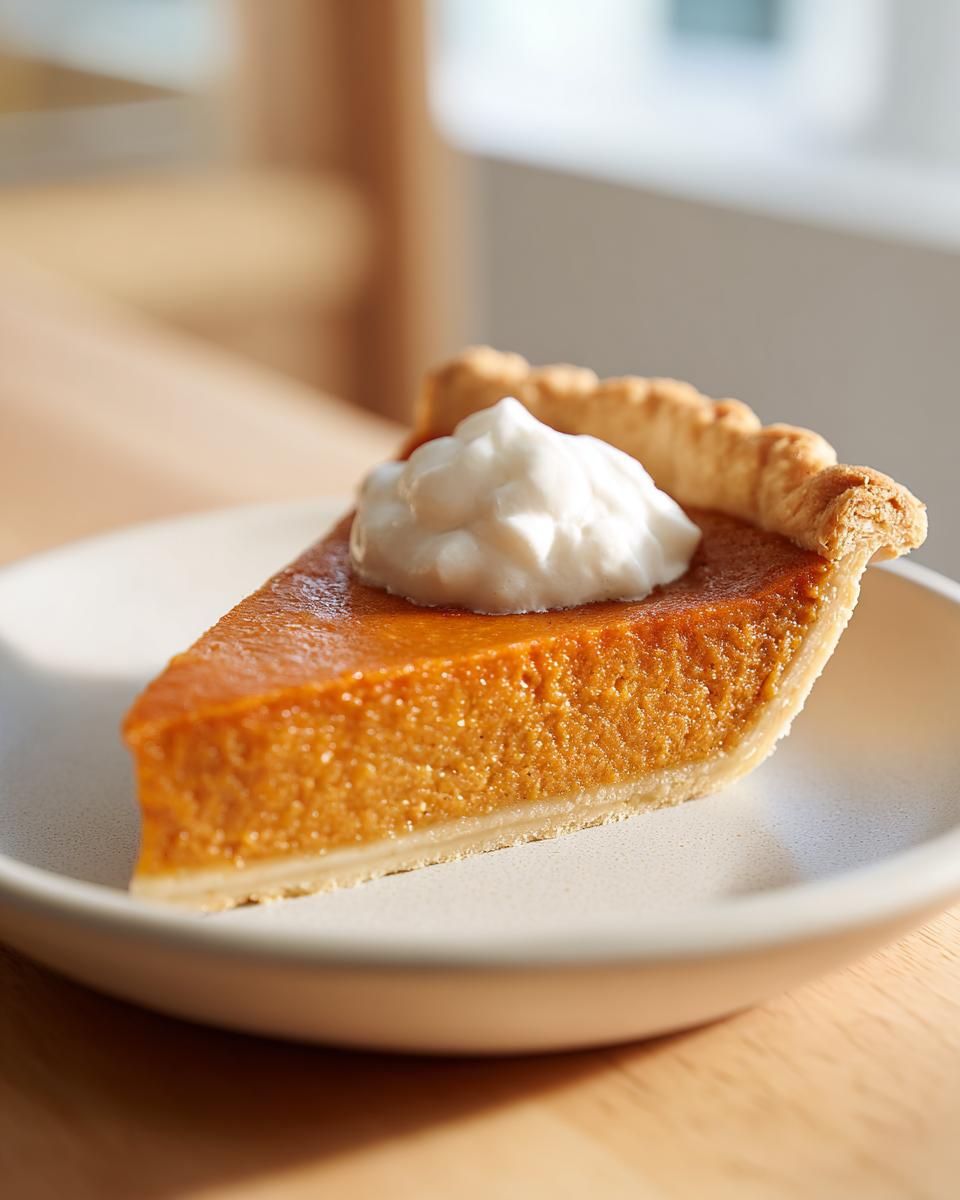 A close-up of a perfect slice of easy pumpkin pie topped with whipped cream on a light plate.