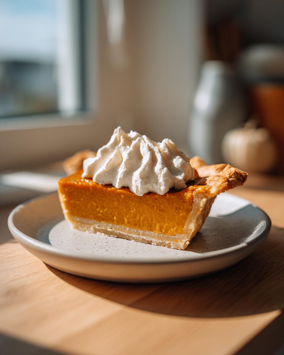 A perfect slice of easy pumpkin pie topped with a swirl of whipped cream, sitting on a small plate.