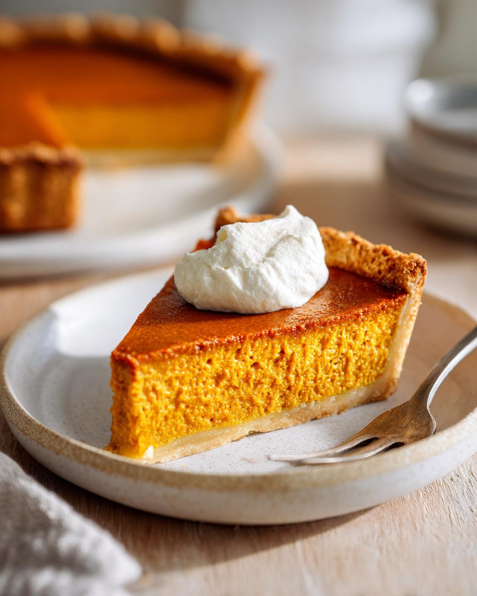 A close-up of a slice of easy pumpkin pie topped with whipped cream, served on a rustic plate.