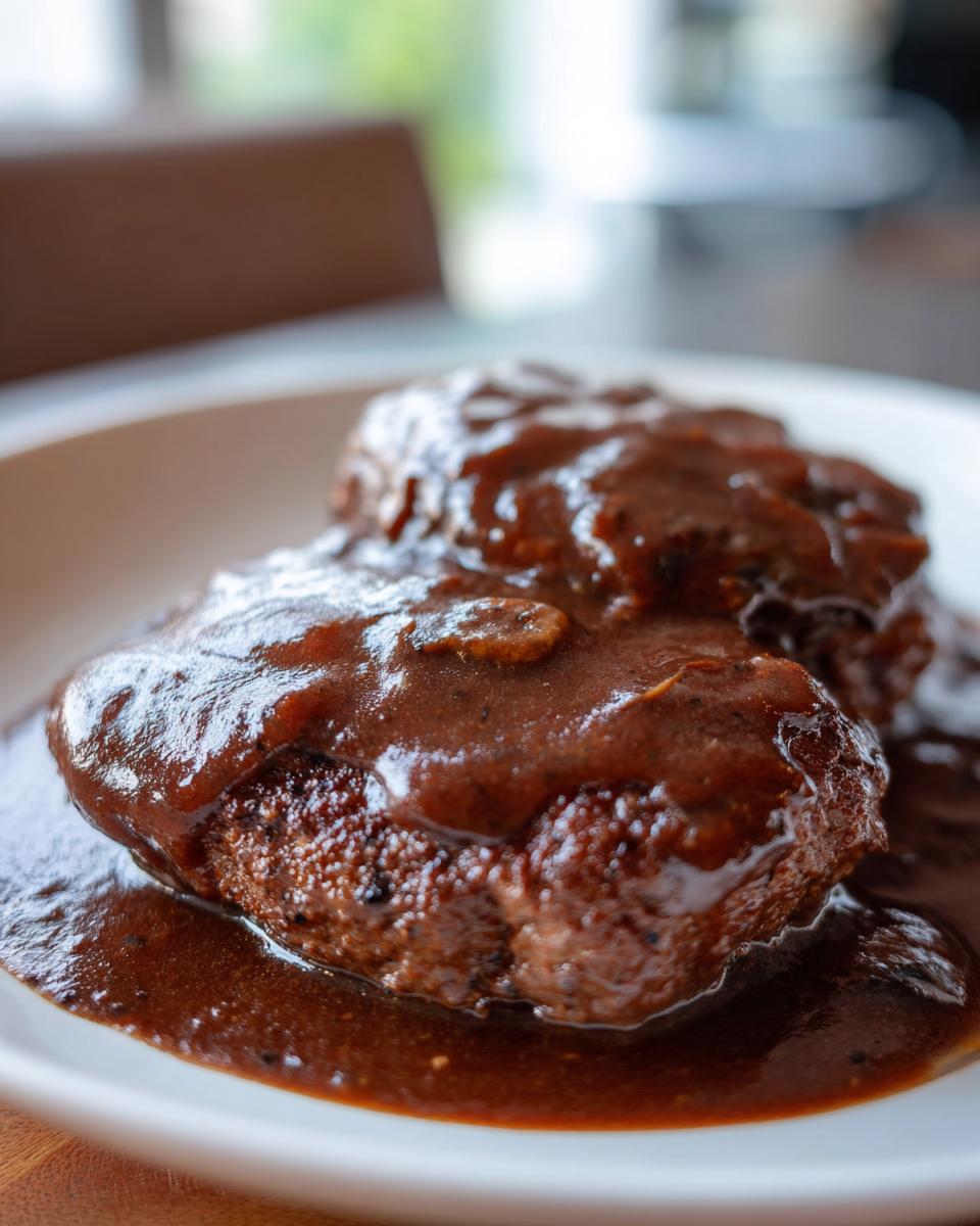 Close-up of two juicy salisbury steak patties smothered in rich, dark brown mushroom gravy served on a white plate.