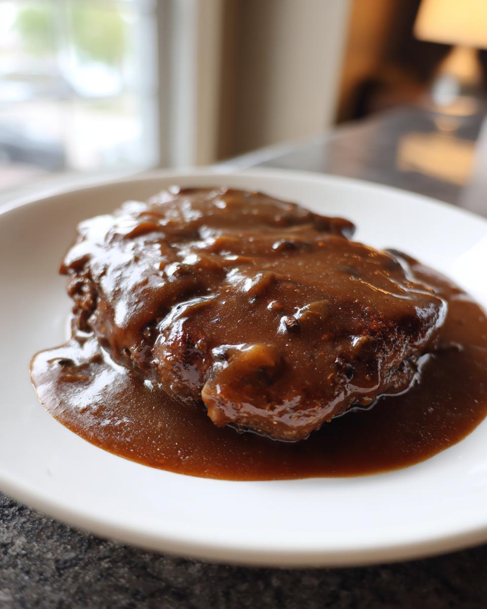 A close-up of a perfectly cooked salisbury steak smothered in thick, rich brown gravy, served on a white plate.