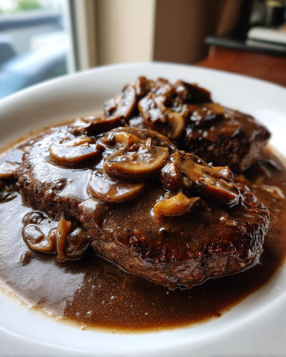 Two juicy Salisbury steak patties smothered in rich brown mushroom gravy, served on a white plate.