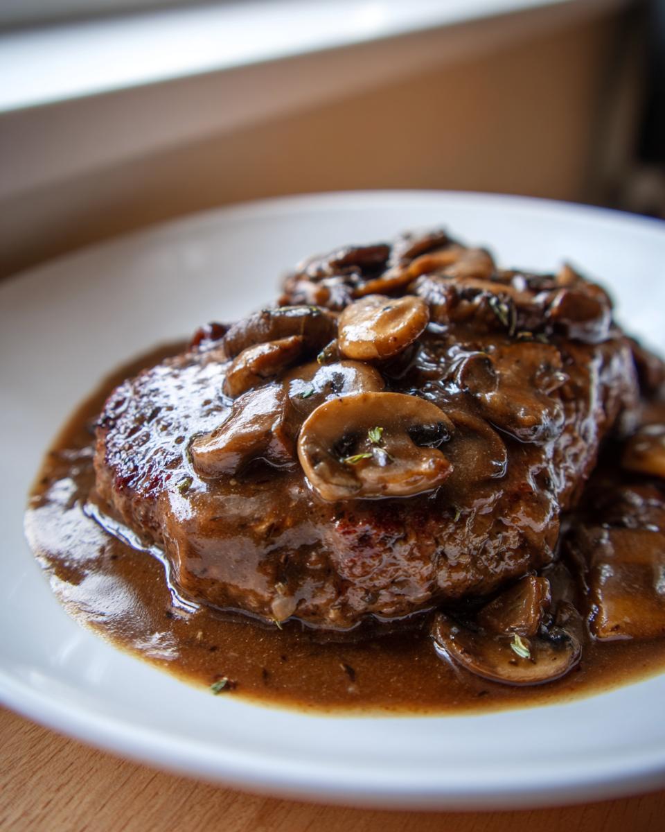 A close-up of a juicy salisbury steak smothered in rich brown mushroom gravy.