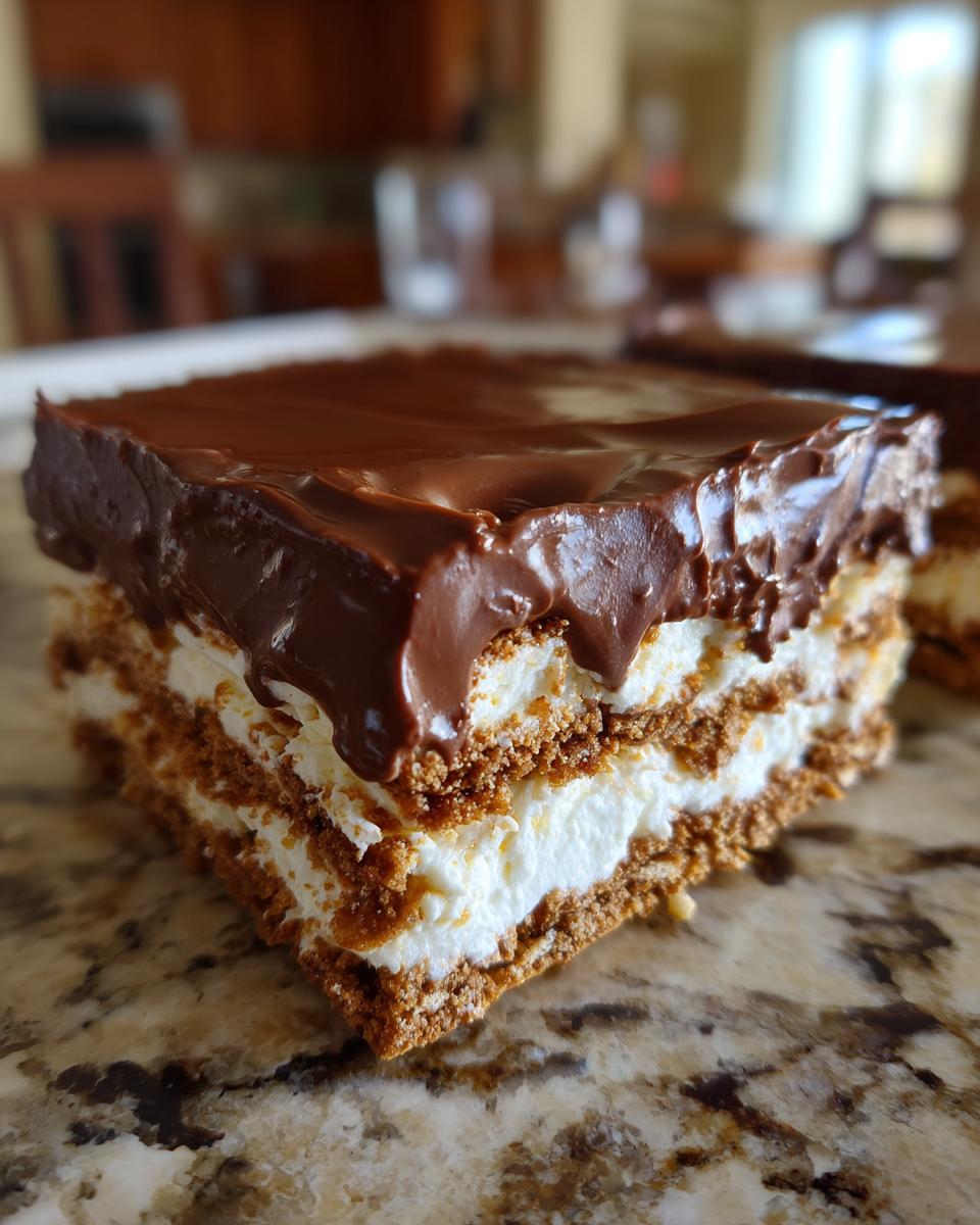 A close-up view of a square slice of eclair cake showing layers of graham crackers, white cream filling, and thick chocolate frosting.