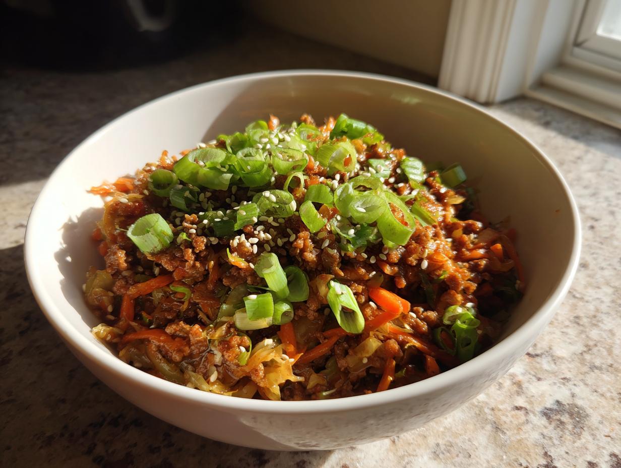A close-up of a bowl filled with savory egg roll in a bowl mixture, topped with green onions and sesame seeds.