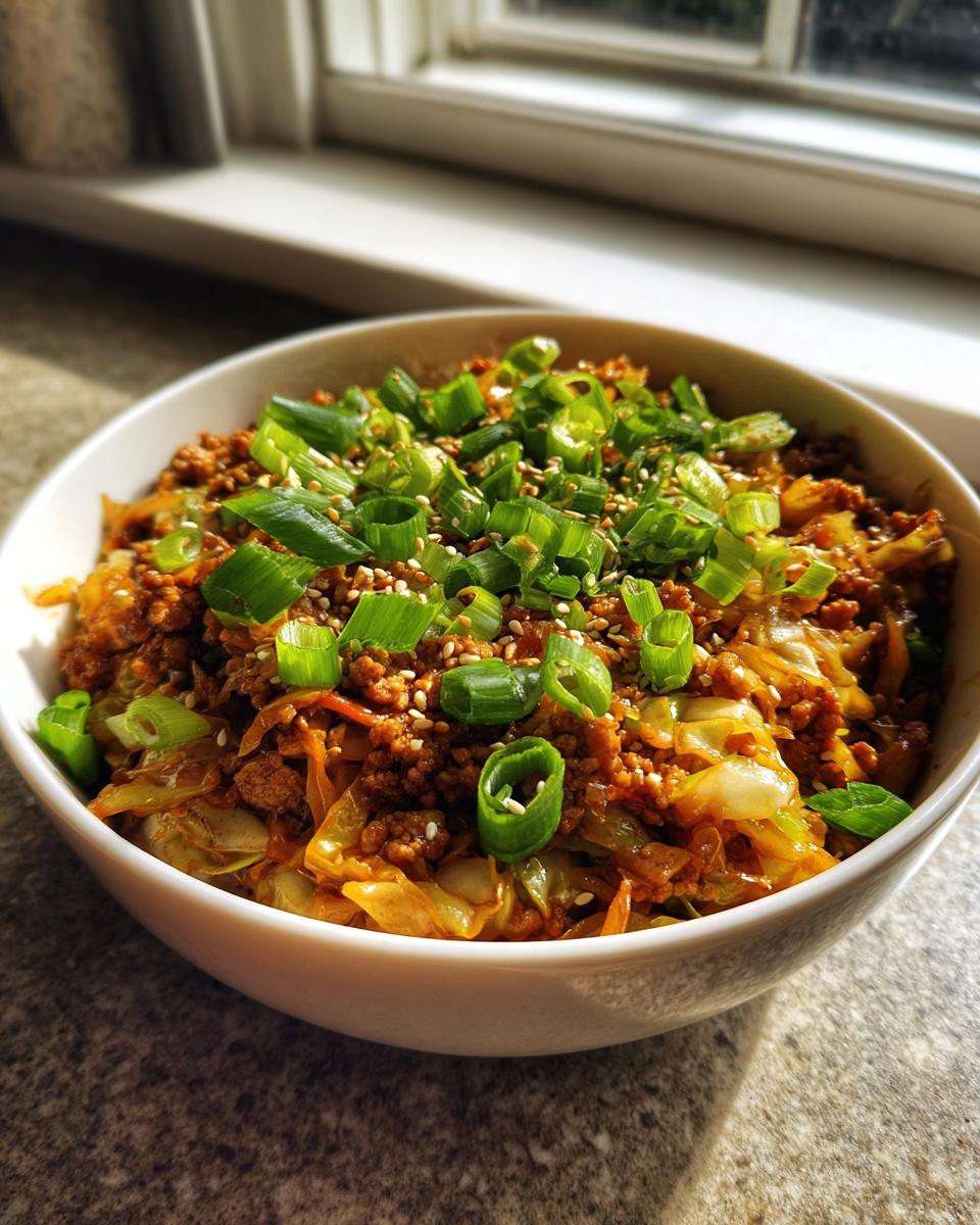 A close-up of a white bowl filled with savory Egg Roll in a Bowl, topped generously with sliced green onions and sesame seeds.