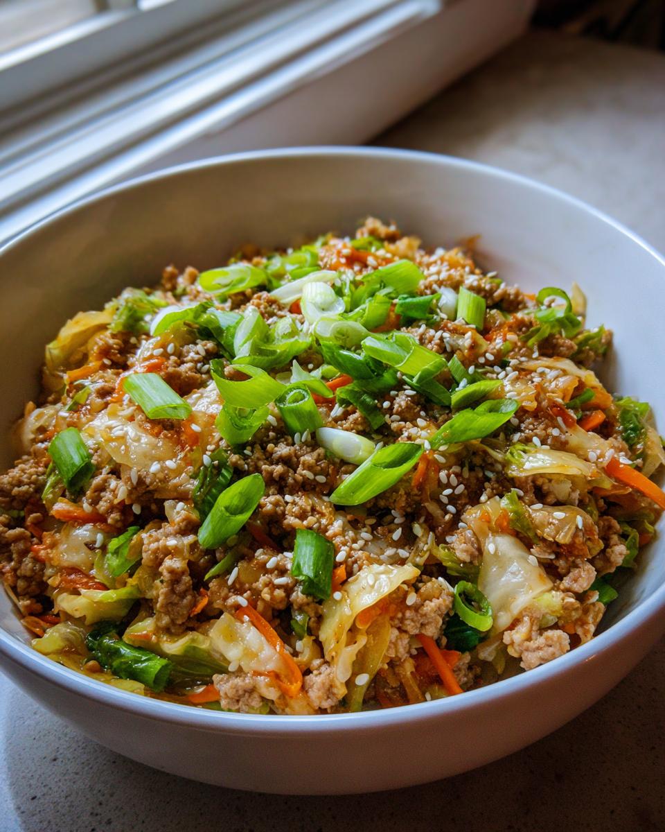 A close-up of a white bowl filled with savory egg roll in a bowl mixture, topped with sliced green onions and sesame seeds.