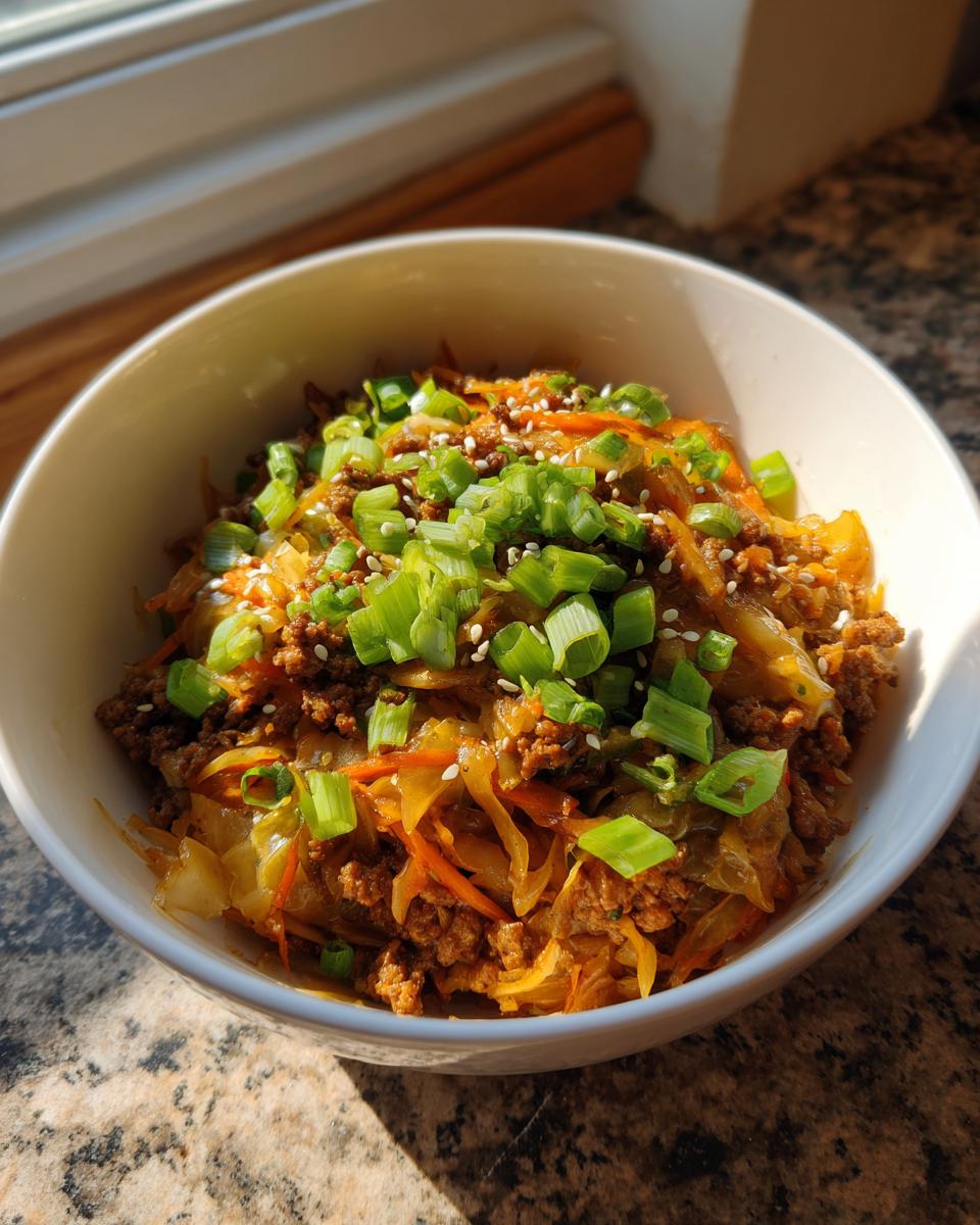 A white bowl filled with savory egg roll in a bowl mixture, topped generously with sliced green onions and sesame seeds.