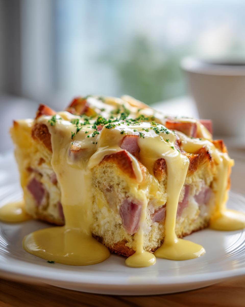 A generous serving of eggs benedict casserole topped with dripping hollandaise sauce and chives on a white plate.