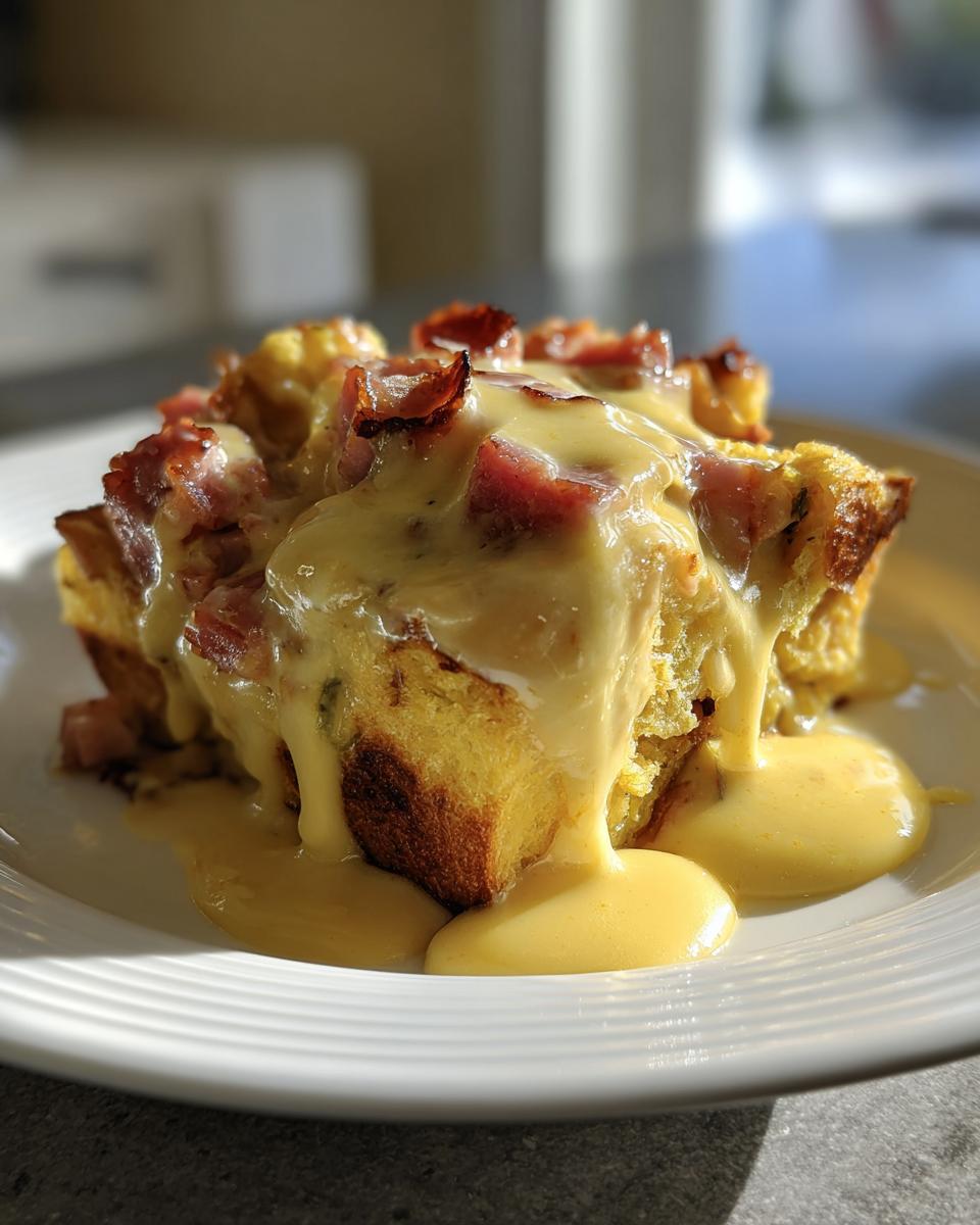 A square serving of baked eggs benedict casserole topped with crispy bacon pieces and rich hollandaise sauce.