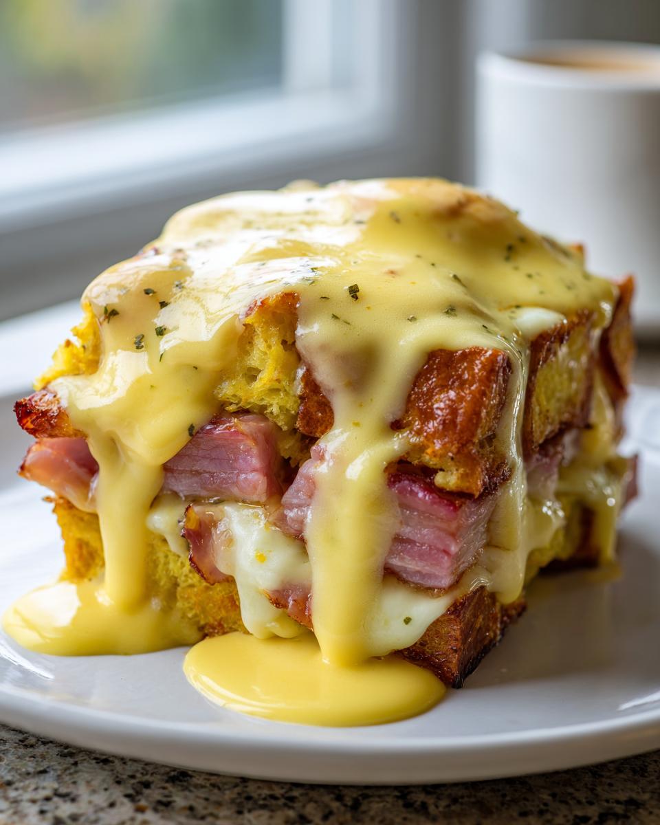 A thick, square slice of eggs benedict casserole layered with ham and covered in rich, dripping hollandaise sauce.