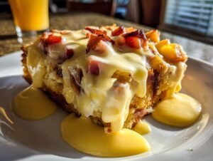 A decadent slice of eggs benedict casserole topped with crispy bacon bits and smothered in rich hollandaise sauce.