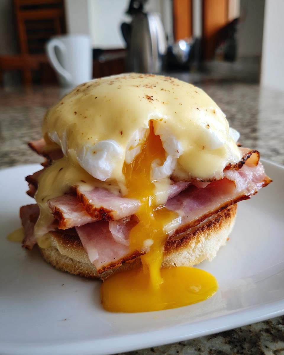 Close-up of a perfectly prepared eggs benedict showing runny yolk dripping over ham and hollandaise sauce.