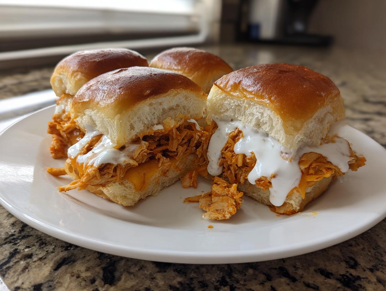 Four delicious buffalo chicken sliders piled high with shredded orange chicken and drizzled with white ranch or blue cheese dressing.