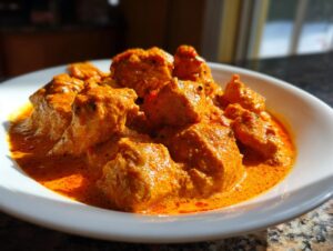 A close-up shot of tender chicken pieces smothered in a rich, creamy orange sauce, showcasing delicious butter chicken.