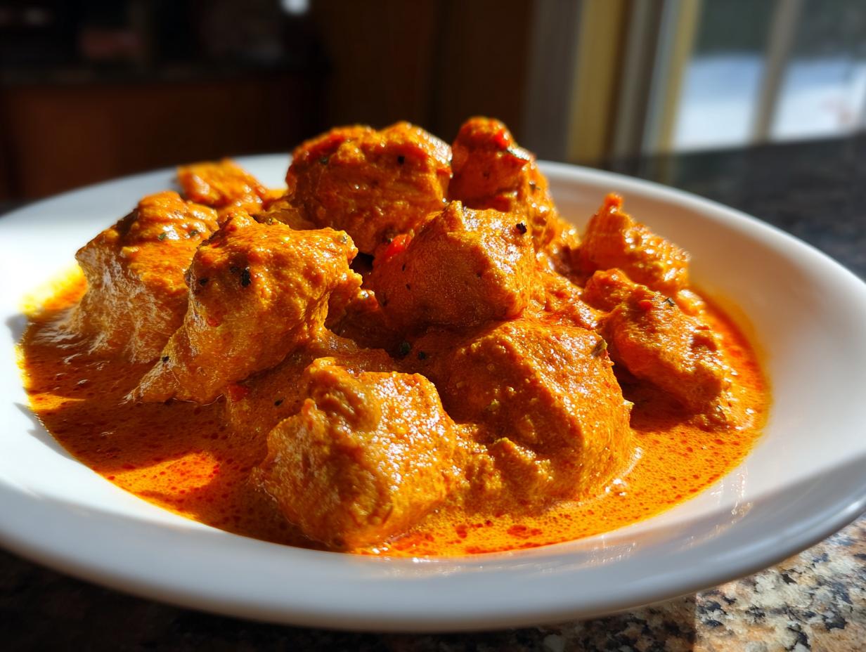 A close-up shot of tender chicken pieces smothered in a rich, creamy orange sauce, showcasing delicious butter chicken.