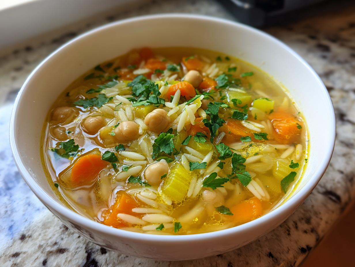 A close-up of a white bowl filled with warm chickpea soup, featuring chickpeas, carrots, celery, orzo pasta, and fresh parsley garnish.