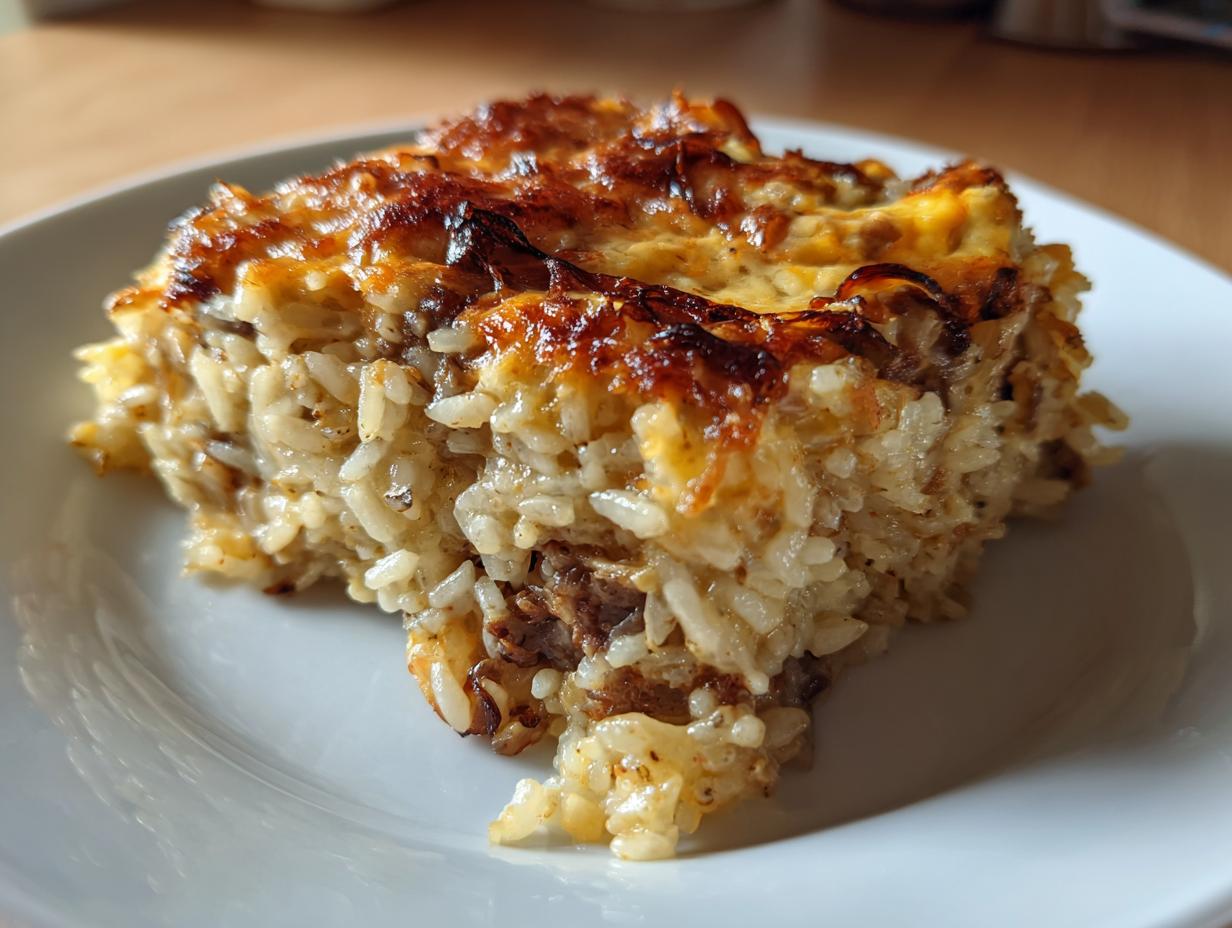 A close-up of a square serving of baked french onion butter rice with a golden, browned cheese topping.