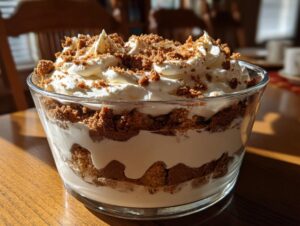 A close-up of a delicious gingerbread trifle layered with cream and topped with crumbs.