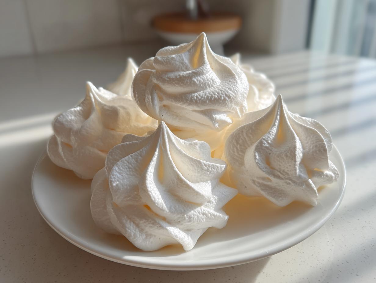 Close-up of several perfectly piped, white meringue cookies stacked on a small white plate, catching bright sunlight.