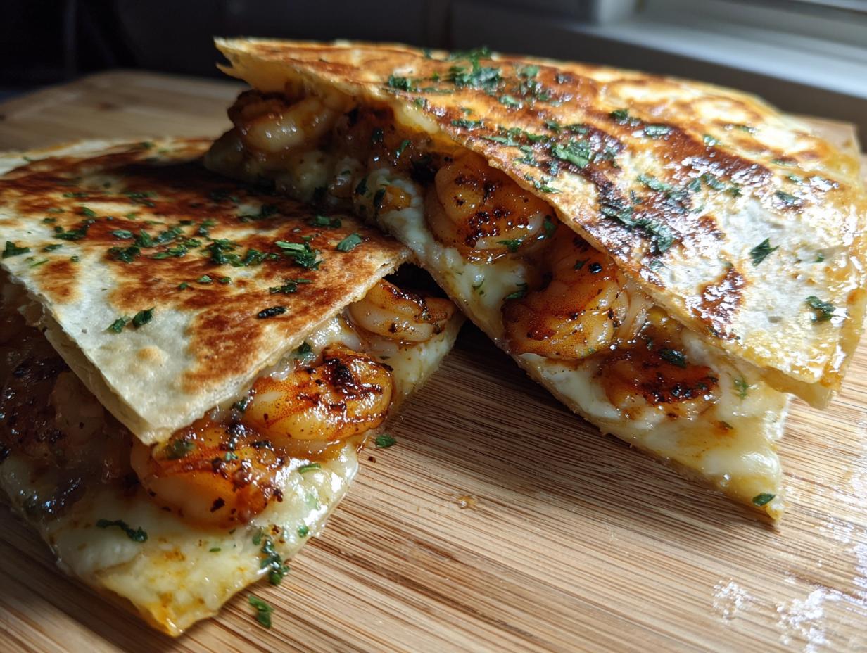 Close-up of a perfectly grilled shrimp quesadilla cut in half, showing melted cheese and seasoned shrimp filling.