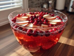 A large glass punch bowl filled with sparkling red thanksgiving punch, garnished with fresh cranberries and apple slices.