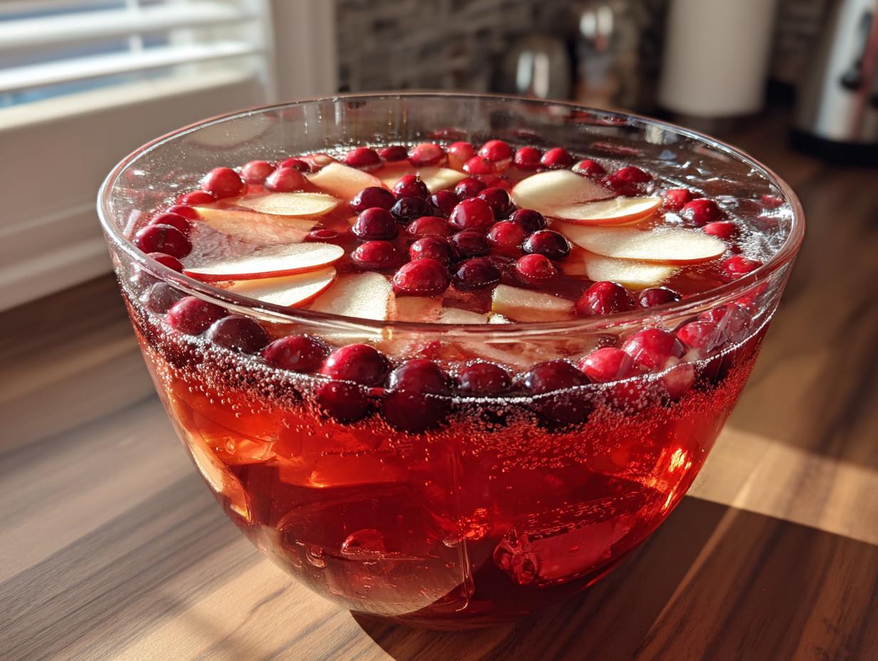 A large glass punch bowl filled with sparkling red thanksgiving punch, garnished with fresh cranberries and apple slices.