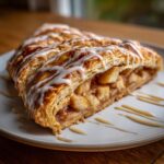 Close-up of a flaky, golden slice of apple strudel filled with spiced apples and drizzled with white icing.