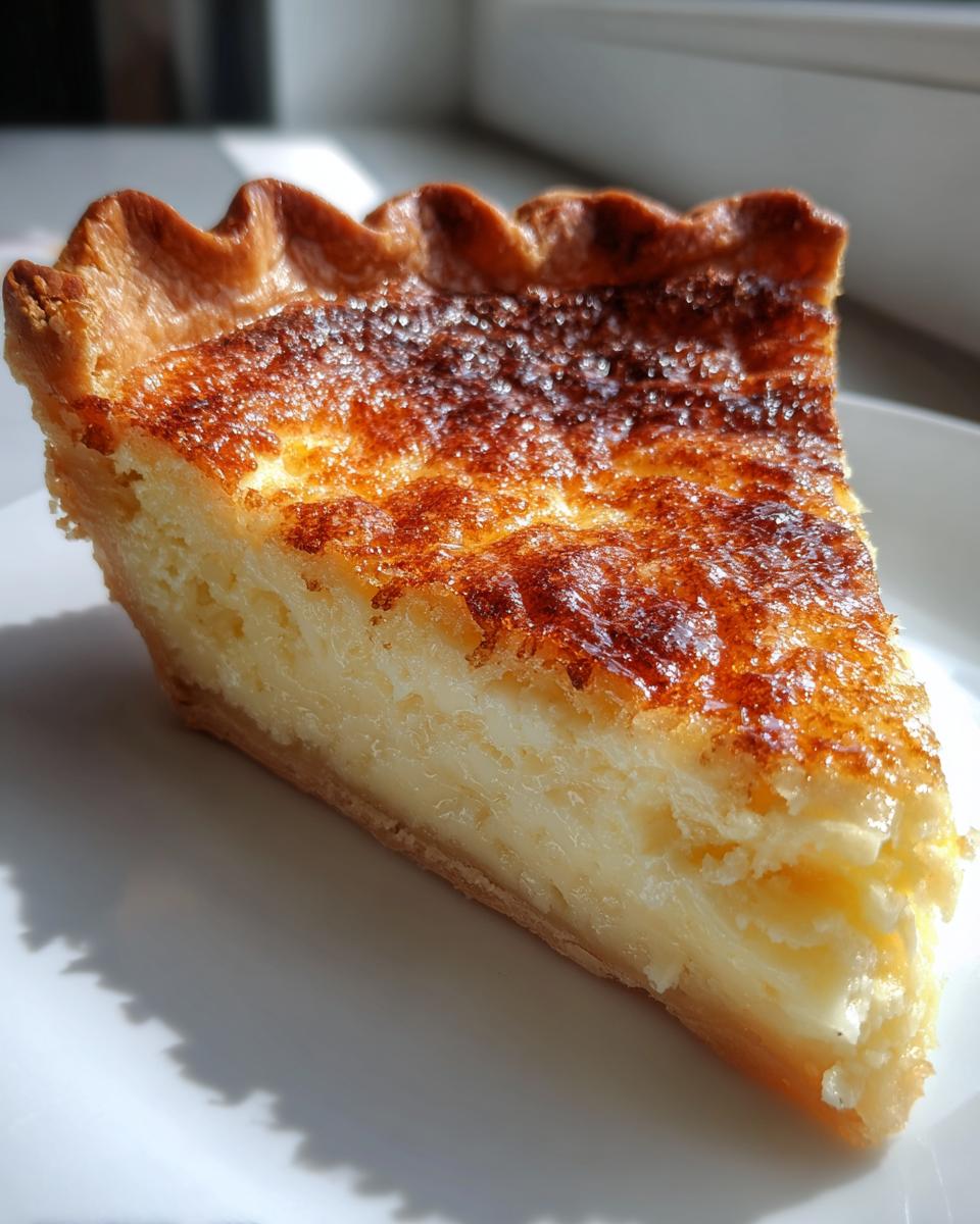 A close-up slice of buttermilk pie showing a creamy yellow filling and a deeply caramelized, browned top crust.