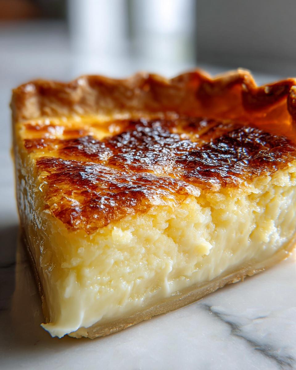 Close-up of a thick slice of buttermilk pie showing a creamy, set custard filling and a deeply browned, caramelized top crust.