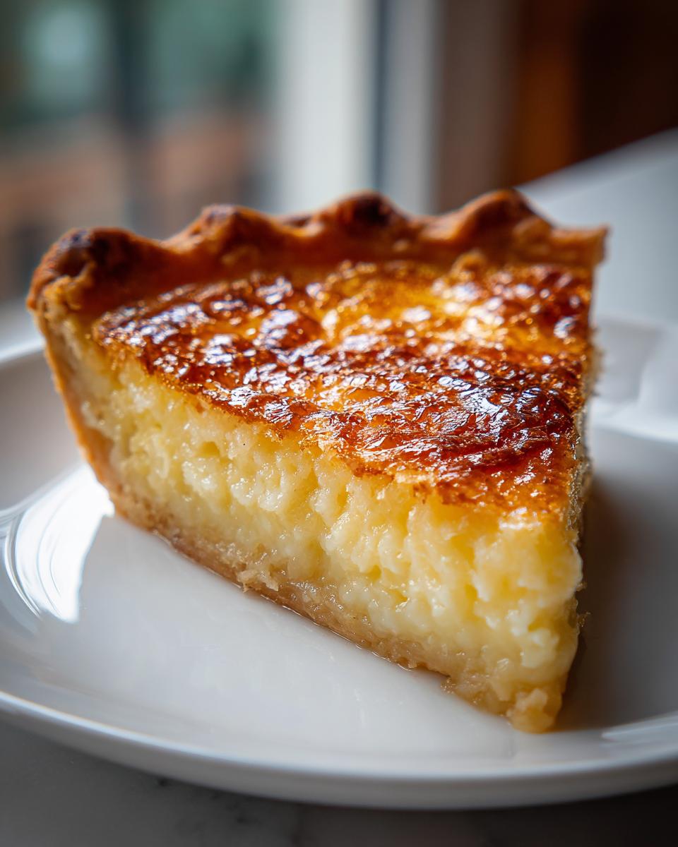 A close-up slice of buttermilk pie showing the creamy filling and deeply caramelized, glossy top crust.