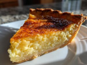 A close-up slice of rich, creamy buttermilk pie showing the golden, slightly caramelized top crust.