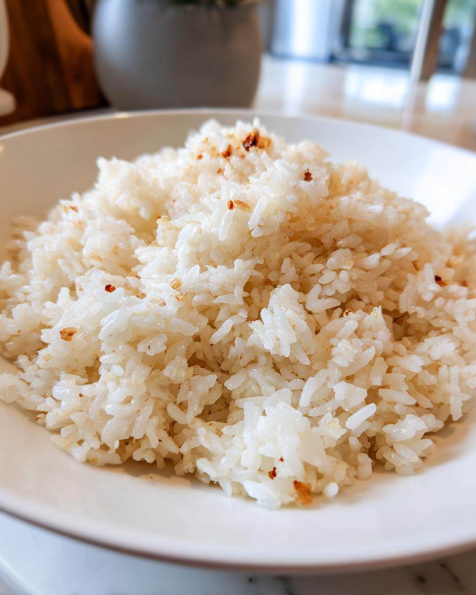 Close-up of a white bowl filled with fluffy, glistening butter rice topped with small toasted brown specks.