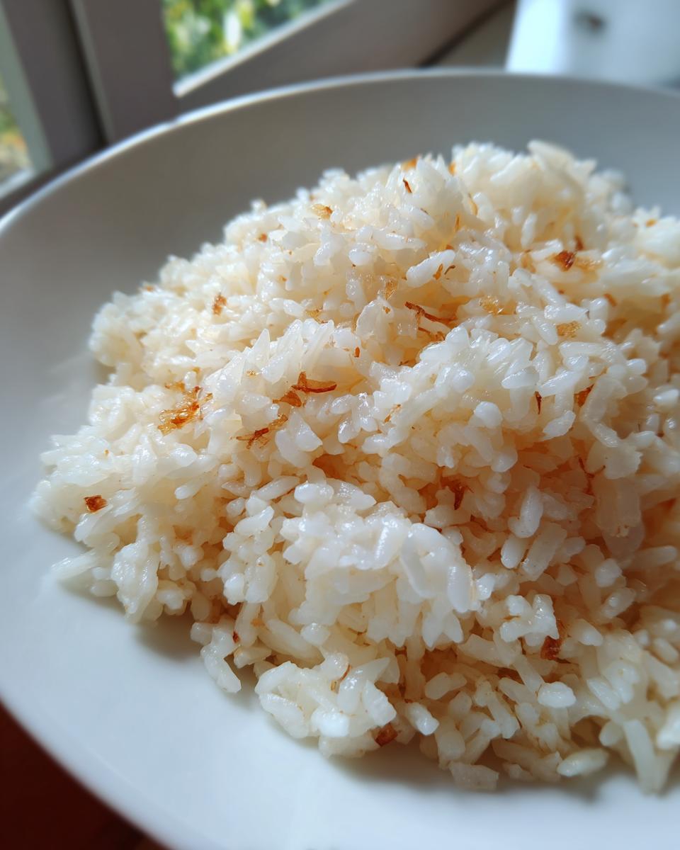 Close-up of fluffy white rice mixed with browned bits, showcasing the perfect texture of the butter rice.
